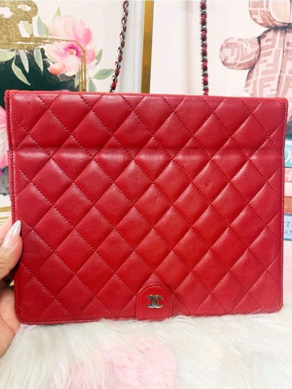 Authentic Chanel Red Quilted Leather Crossbody IPad Case